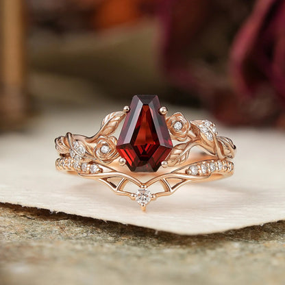 Unique Coffin Cut Garnet Nature Inspired Bat Wing Bridal Ring Set - GemsMagic