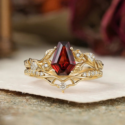 Unique Coffin Cut Garnet Nature Inspired Bat Wing Bridal Ring Set - GemsMagic