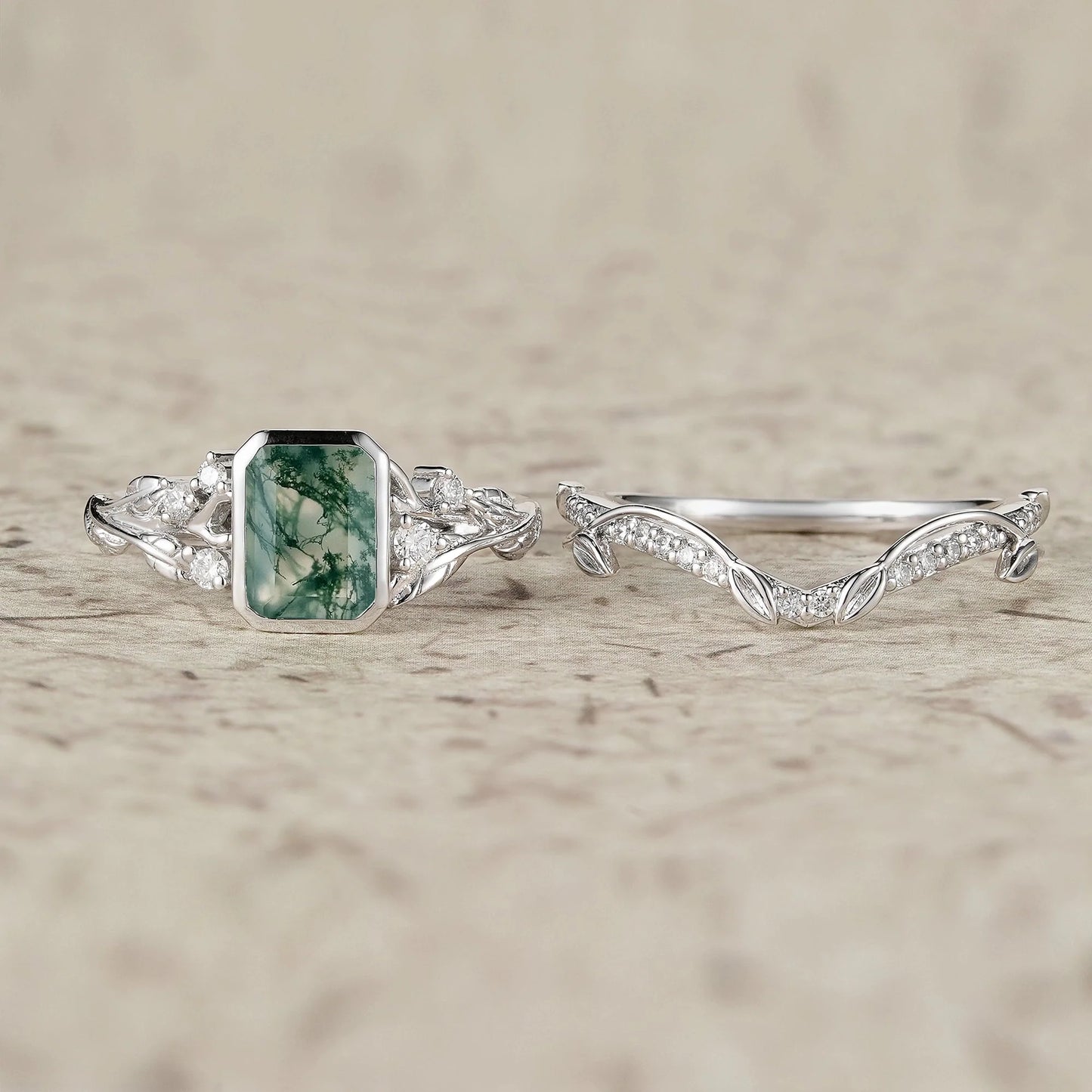 Unique Emerald Cut Emerald & Moissanite Ring Set 2pcs-Anya