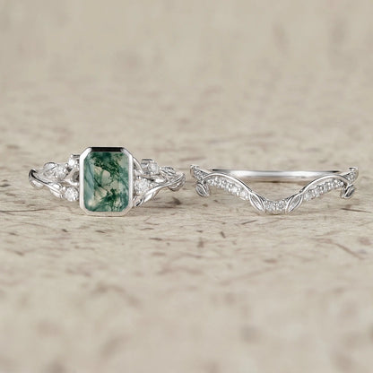 Unique Emerald Cut Emerald & Moissanite Ring Set 2pcs-Anya