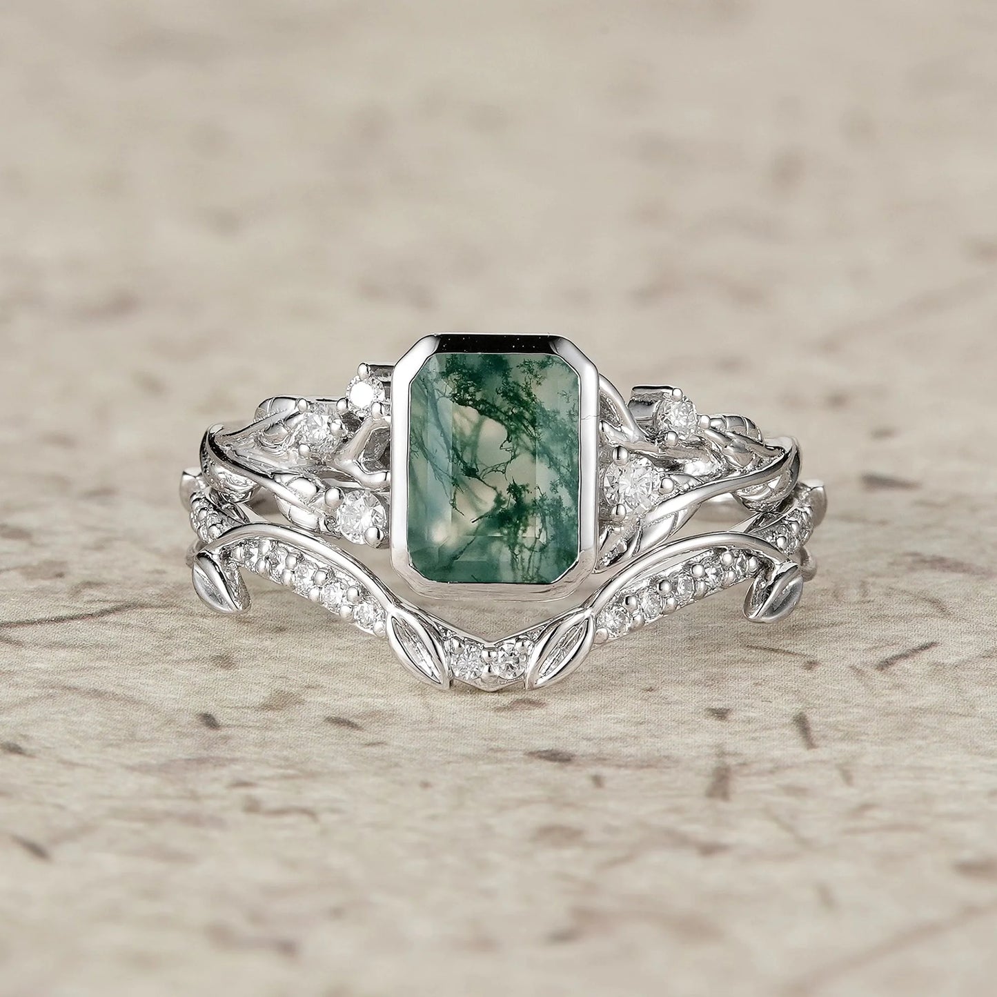 Unique Emerald Cut Emerald & Moissanite Ring Set 2pcs-Anya