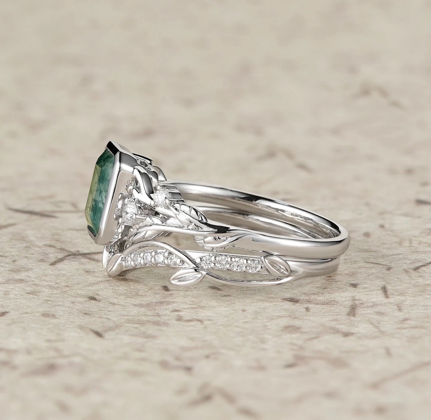 Unique Emerald Cut Emerald & Moissanite Ring Set 2pcs-Anya
