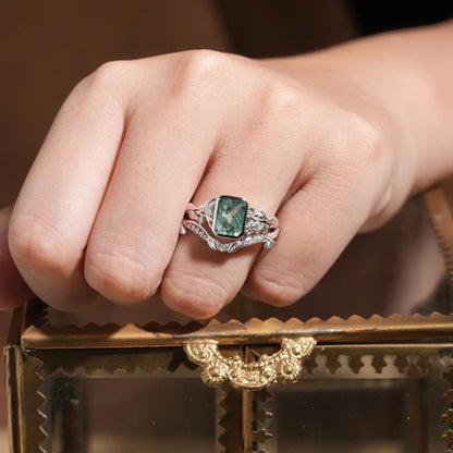 Unique Emerald Cut Emerald & Moissanite Ring Set 2pcs-Anya