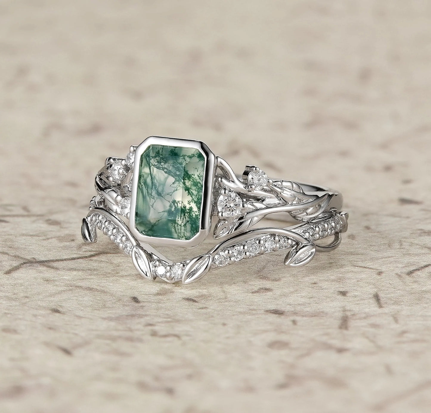 Unique Emerald Cut Emerald & Moissanite Ring Set 2pcs-Anya