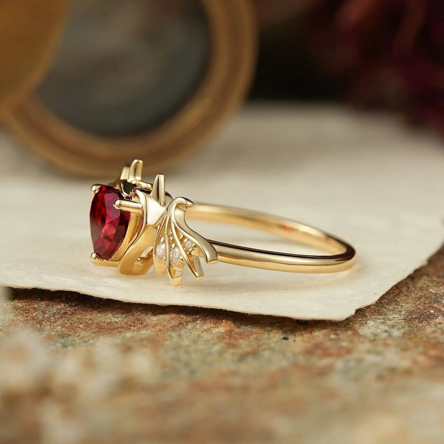 Unique Heart Cut Ruby Bat Inspired Engagement Ring