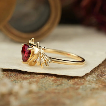 Unique Heart Cut Ruby Bat Inspired Engagement Ring