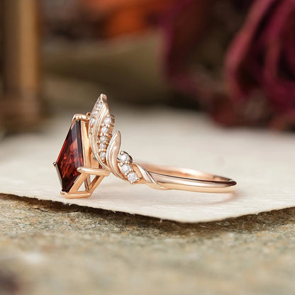 Unique Kite Cut Garnet Engagement Ring Nature Inspired Ring