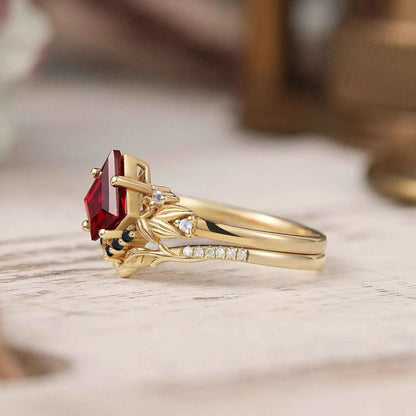Unique Kite Cut Ruby Nature Inspired Moonstone And Black Onyx Bridal Ring Set - GemsMagic
