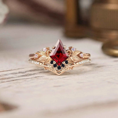 Unique Kite Cut Ruby Nature Inspired Moonstone And Black Onyx Bridal Ring Set - GemsMagic