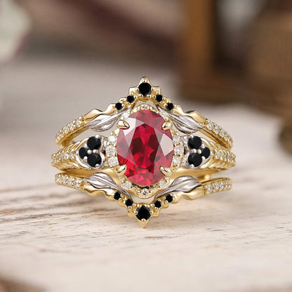 Unique Nature Inspired Oval Cut Lab Ruby Halo Enhancer Bridal Ring Set