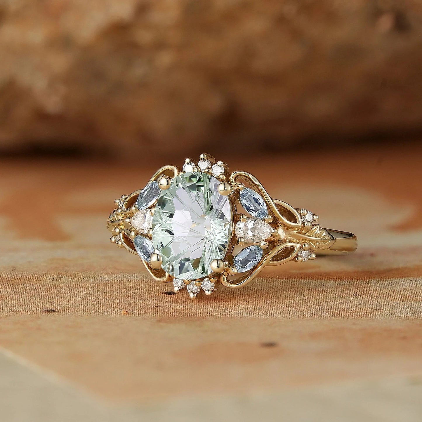 Verdant Majesty: Twisted Leaf Sparkle Cut Green Sapphire Ring