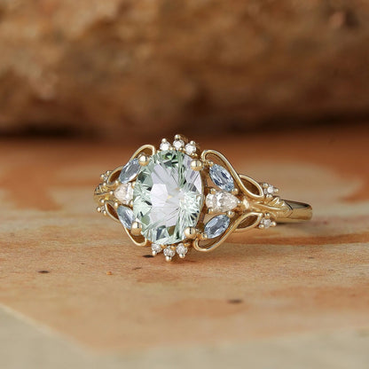 Verdant Majesty: Twisted Leaf Sparkle Cut Green Sapphire Ring