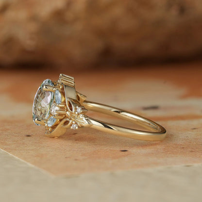 Verdant Majesty: Twisted Leaf Sparkle Cut Green Sapphire Ring