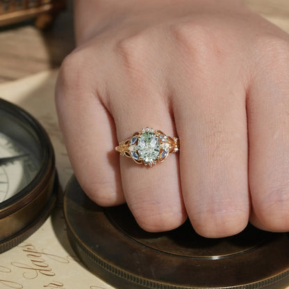 Verdant Majesty: Twisted Leaf Sparkle Cut Green Sapphire Ring