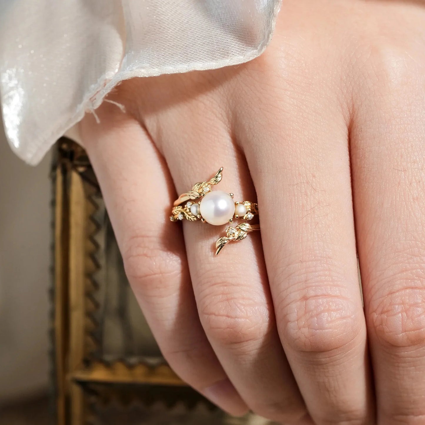 Vintage Leaf-Inspired Gold Ring with Pearl-Indra