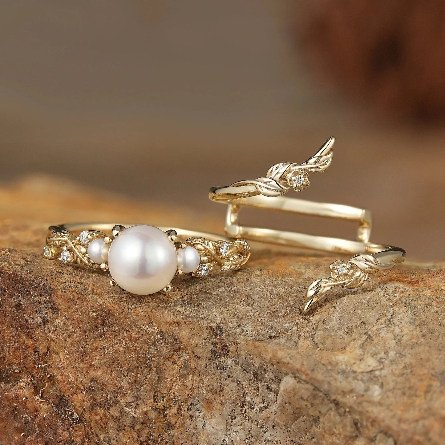 Vintage Leaf-Inspired Gold Ring with Pearl-Indra