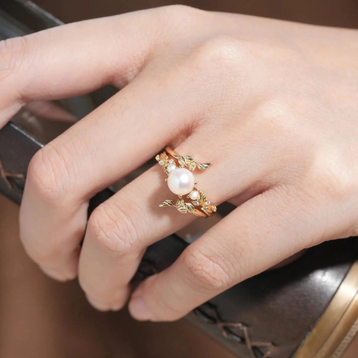 Vintage Leaf-Inspired Gold Ring with Pearl-Indra