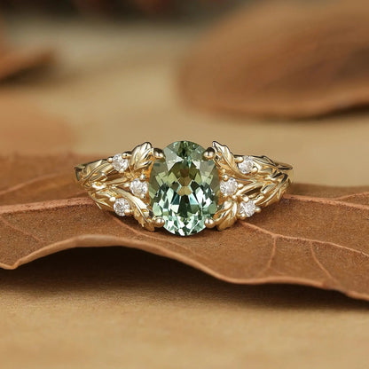 Vintage Leaf- Oval Cut Green Sapphire and Moissanite Accents-Zinnia