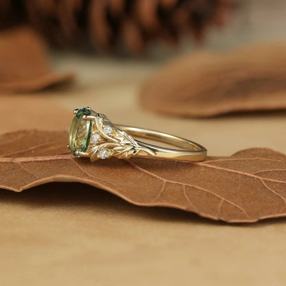 Vintage Leaf- Oval Cut Green Sapphire and Moissanite Accents-Zinnia