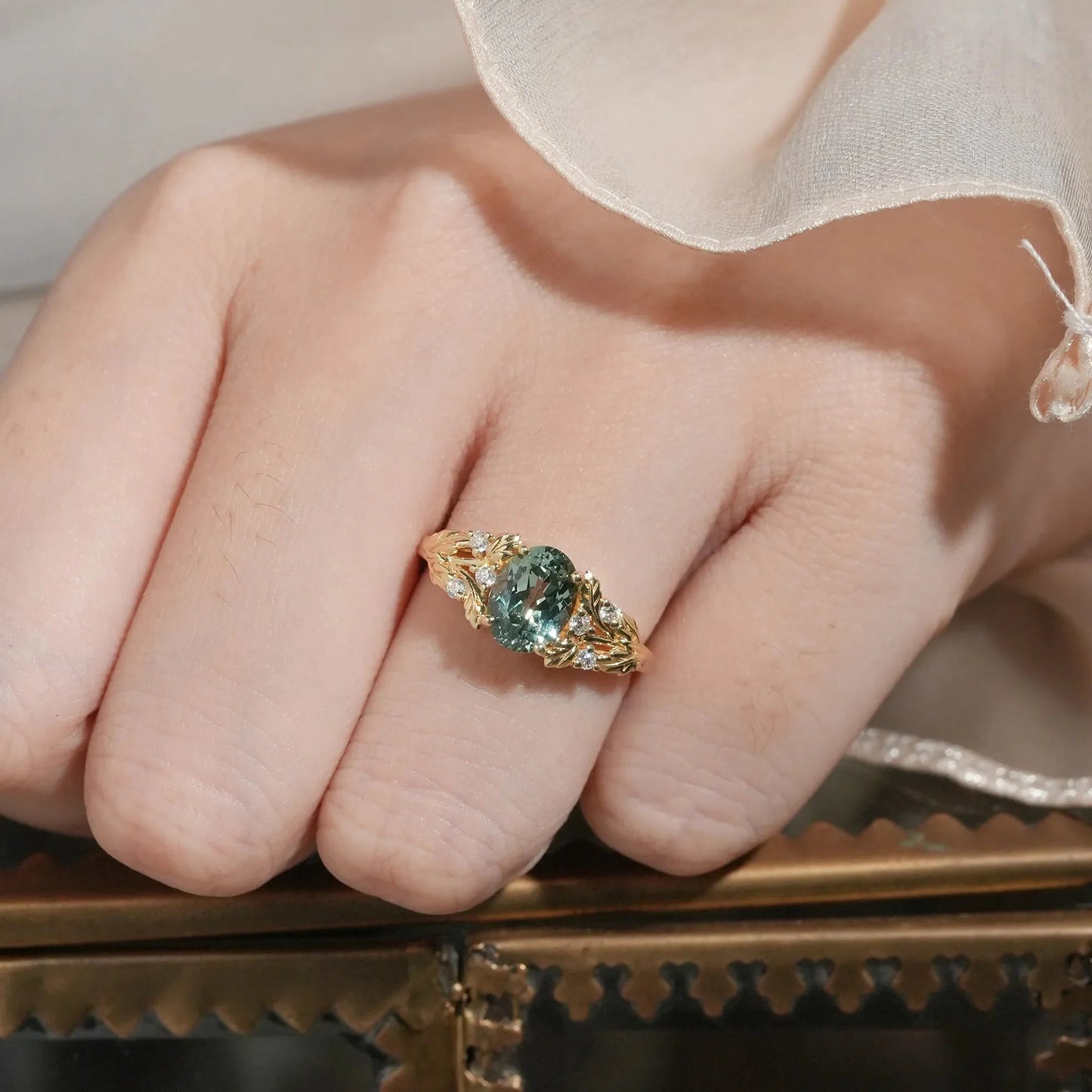 Vintage Leaf- Oval Cut Green Sapphire and Moissanite Accents-Zinnia