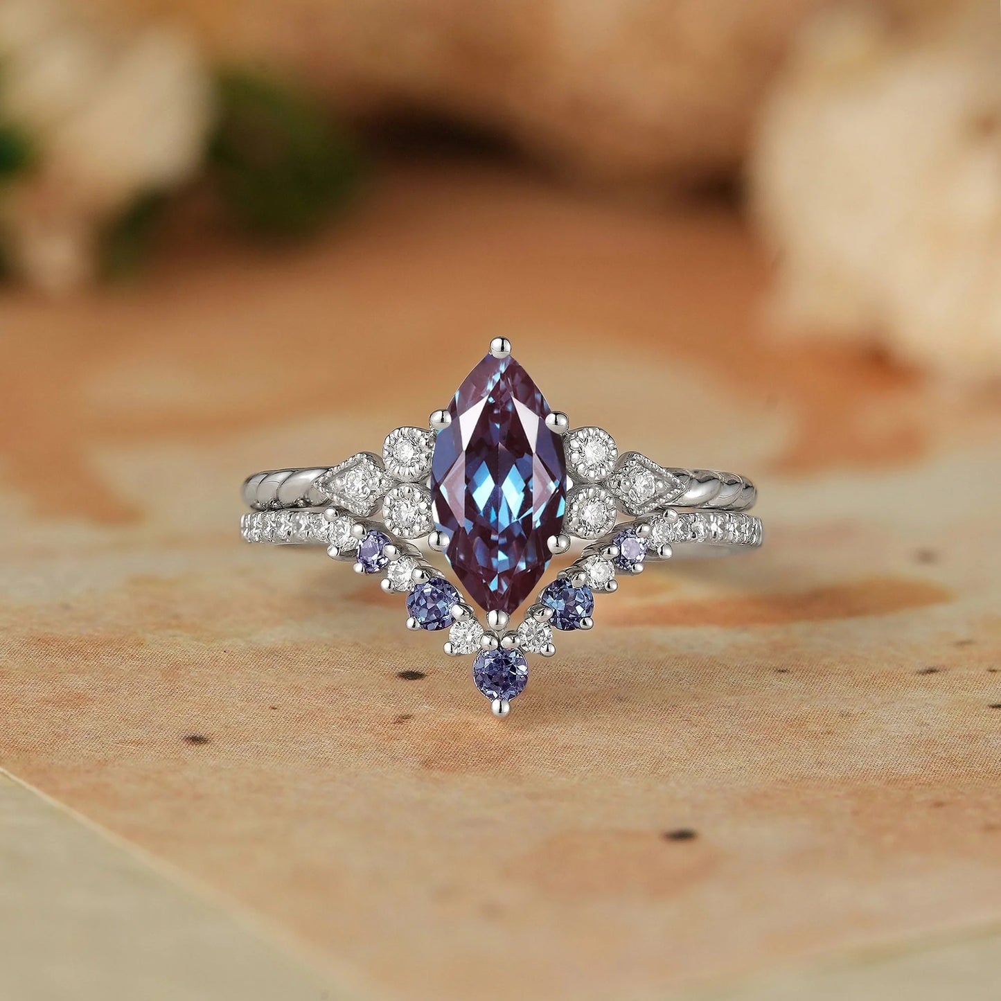 Vintage Marquise Cut Alexandrite Milgrain Bridal Ring Set