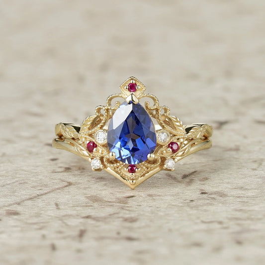 Vintage Milgrain Cornflower Sapphire Ring Set 2pcs-Sorrel