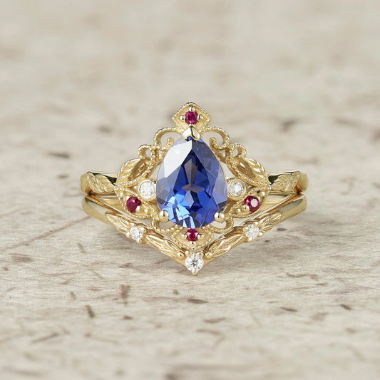 Vintage Milgrain Design Cornflower Sapphire & Ruby Leaf Ring Set-Eulalia