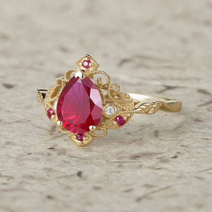 Vintage Milgrain Design Sparkle Cut Ruby Leaf Ring Set-Eulalia