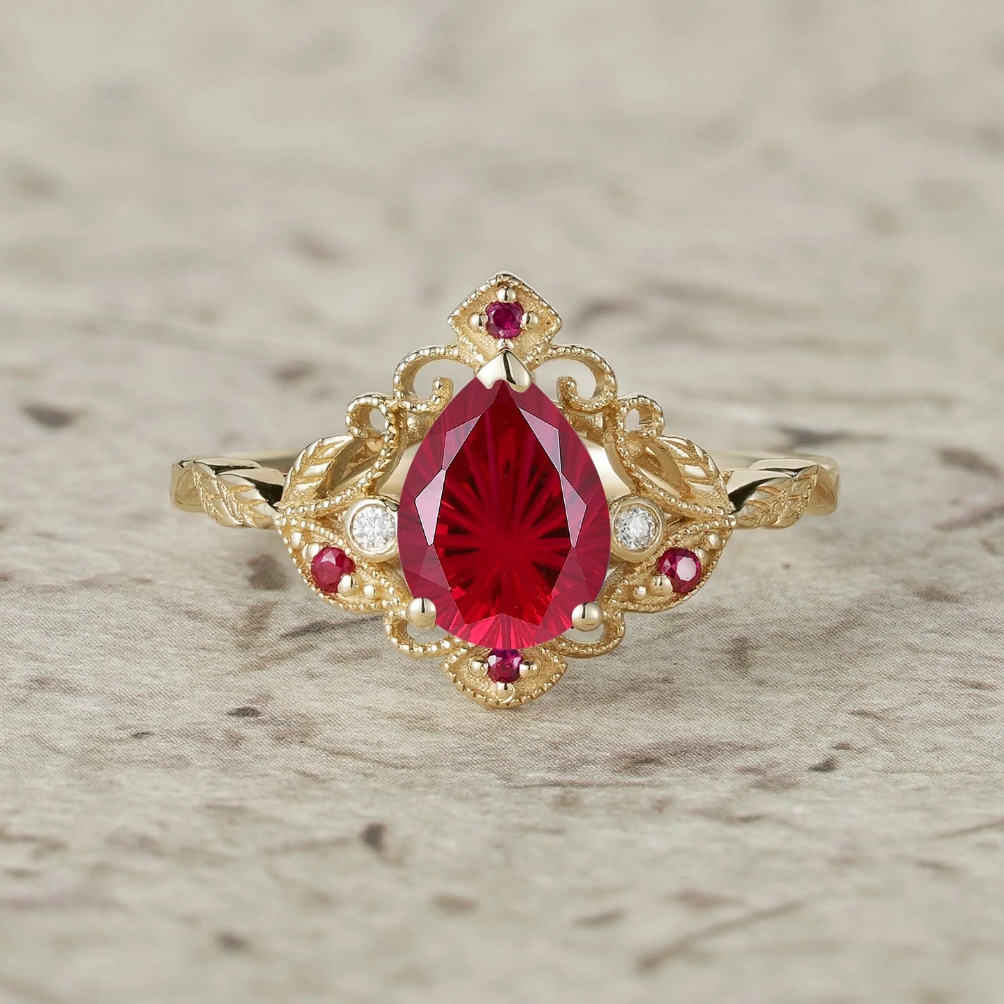 Vintage Milgrain Design Sparkle Cut Ruby Leaf Ring Set-Eulalia
