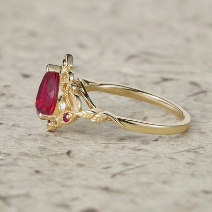 Vintage Milgrain Design Sparkle Cut Ruby Leaf Ring Set-Eulalia