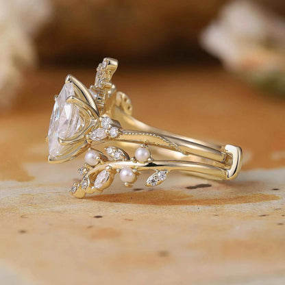 Vintage Milgrain Marquise Moissanite Enhancer Ring Set - Lorelei