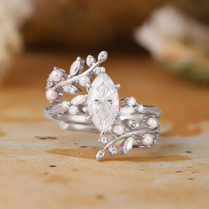 Vintage Milgrain Marquise Moissanite Enhancer Ring Set - Lorelei