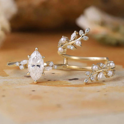 Vintage Milgrain Marquise Moissanite Enhancer Ring Set - Lorelei