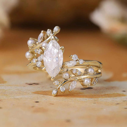 Vintage Milgrain Marquise Moissanite Enhancer Ring Set - Lorelei