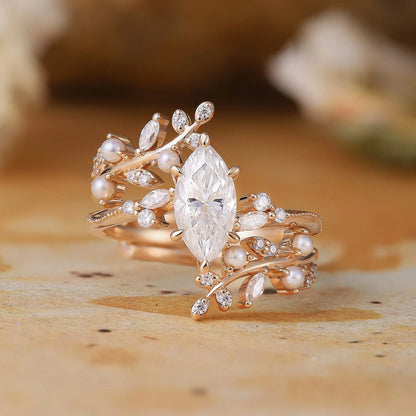 Vintage Milgrain Marquise Moissanite Enhancer Ring Set - Lorelei