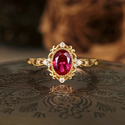 Vintage Oval Lab Ruby Milgrain Engagement ring - GemsMagic