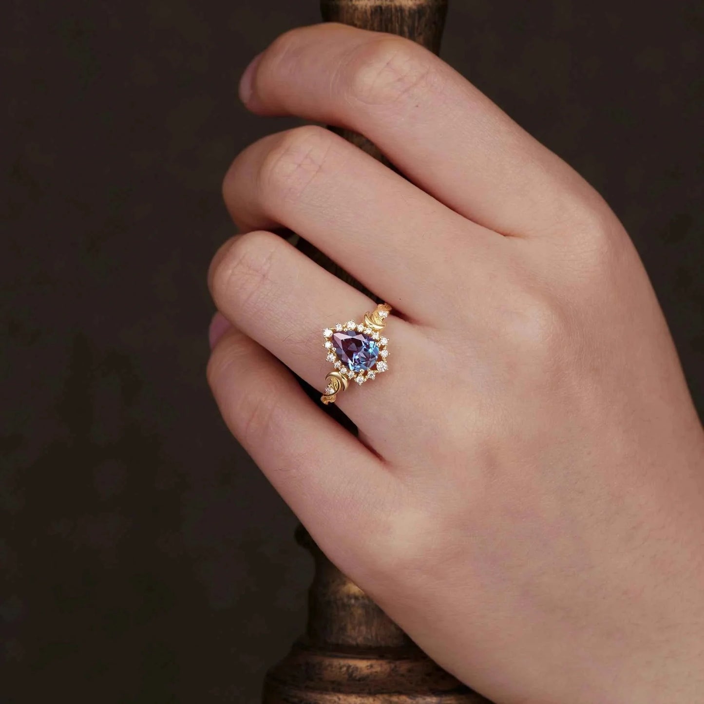 Vintage Pear Cut Alexandrite Nature Inspired Halo Engagement Ring