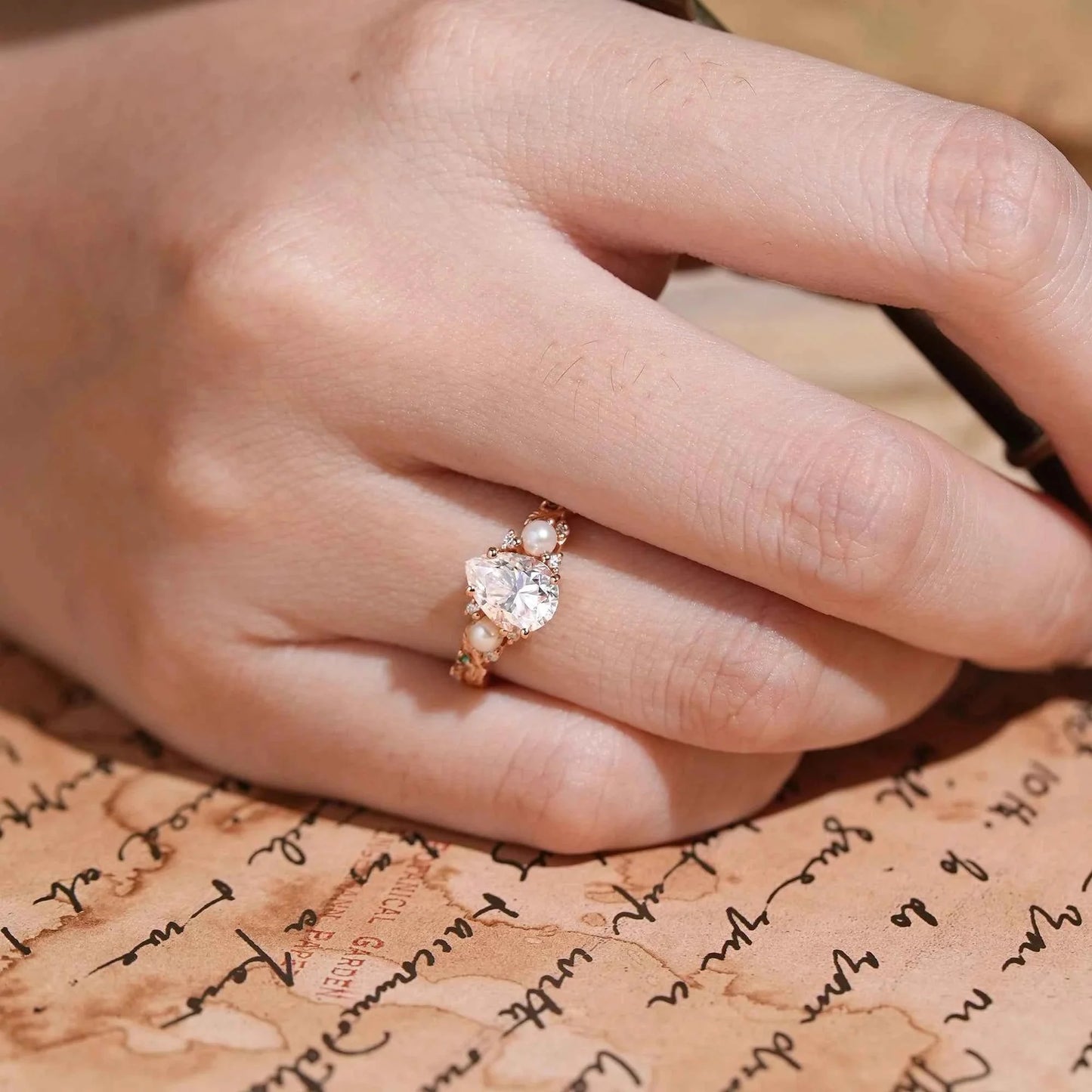 Vintage Pear Cut Moissanite And Pearl Leaf Engagement Ring