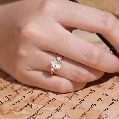 Vintage Pear Cut Moissanite And Pearl Leaf Engagement Ring