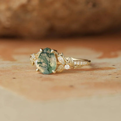 Vintage Pear Shaped Moss Agate Ring  - Bryony