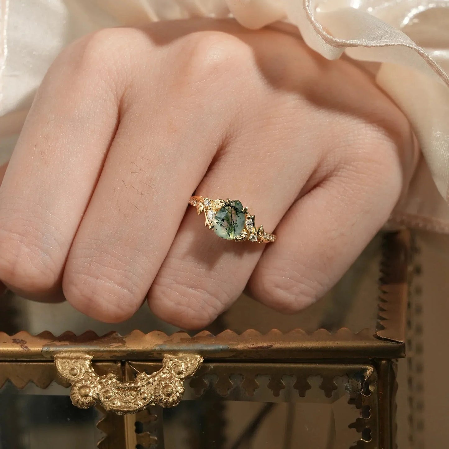 Vintage Pear Shaped Moss Agate Ring  - Bryony