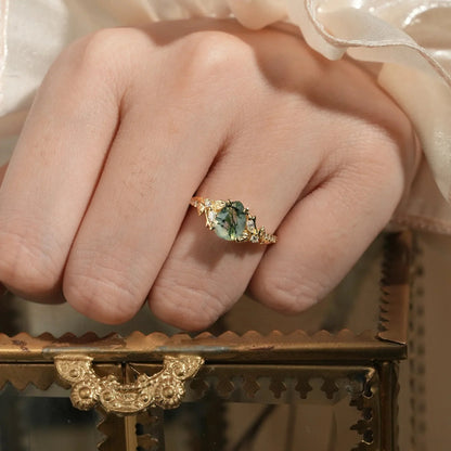 Vintage Pear Shaped Moss Agate Ring  - Bryony