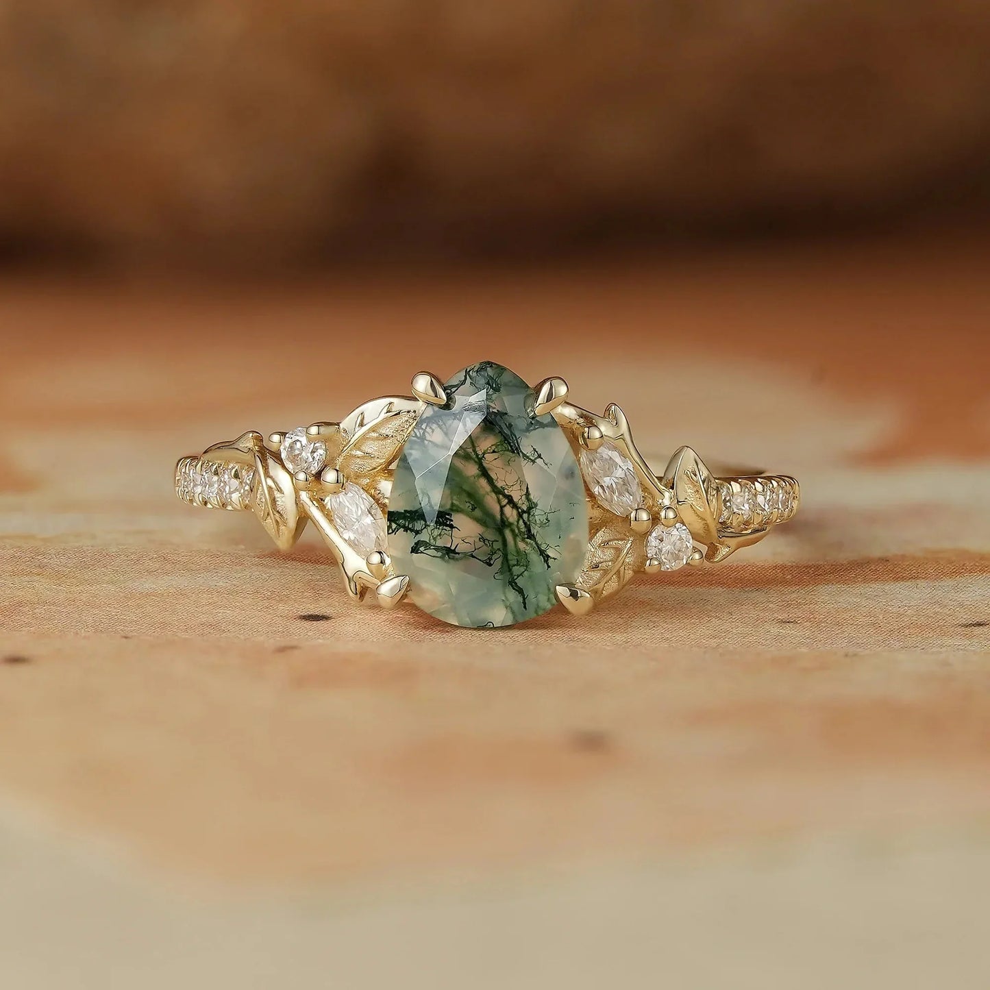 Vintage Pear Shaped Moss Agate Ring  - Bryony