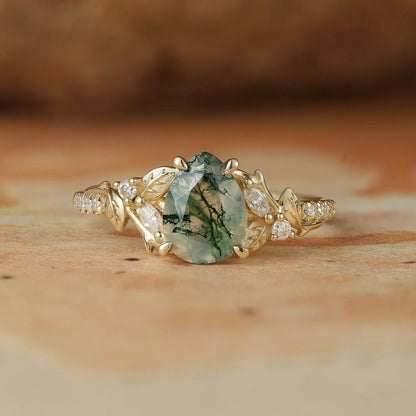 Vintage Pear Shaped Moss Agate Ring  - Bryony