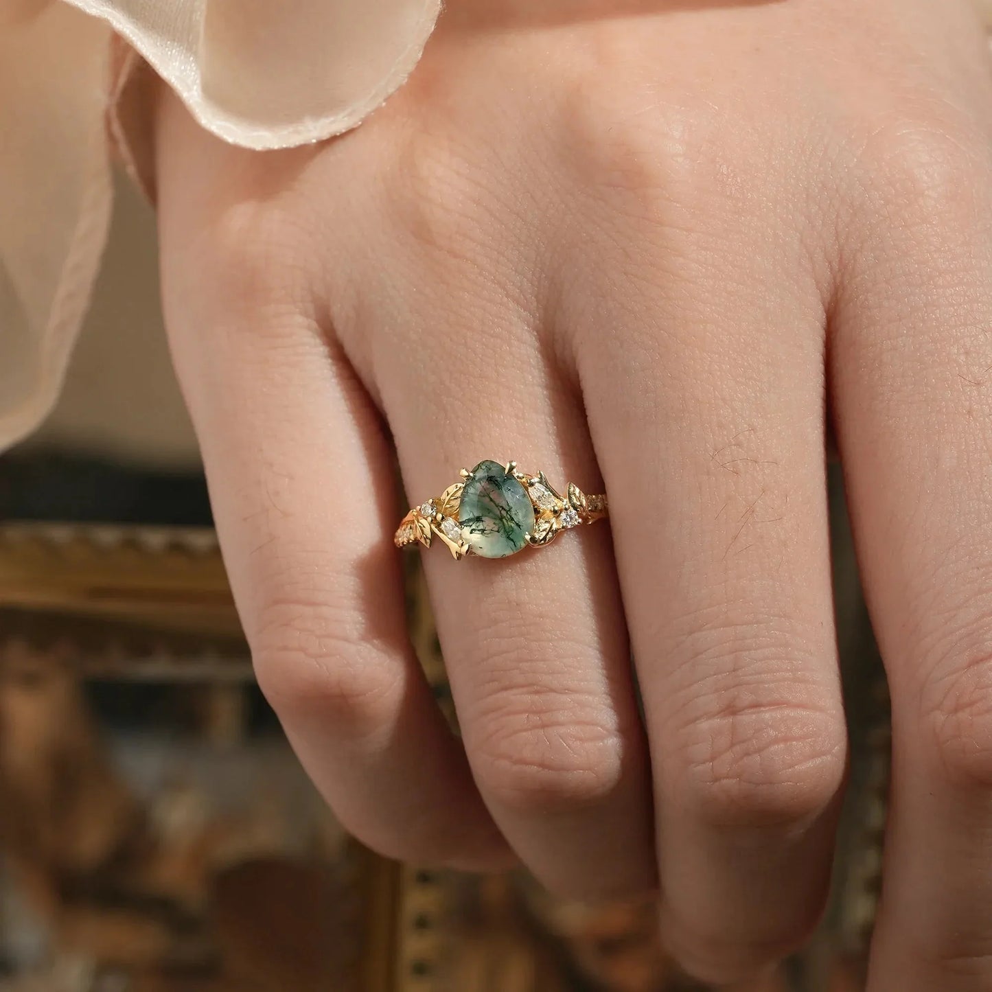 Vintage Pear Shaped Moss Agate Ring  - Bryony