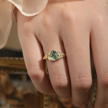 Vintage Pear Shaped Moss Agate Ring  - Bryony