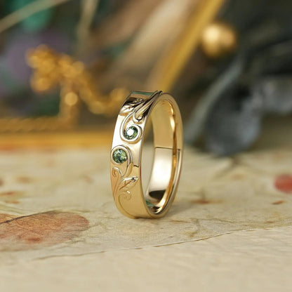 Vintage Scroll Leaf Inspired Natural Green Sapphire Men's Band - Everett