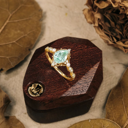 Sparkle Cut Pear Green Sapphire Milgrain Vintage Engagement Ring - Eulalie